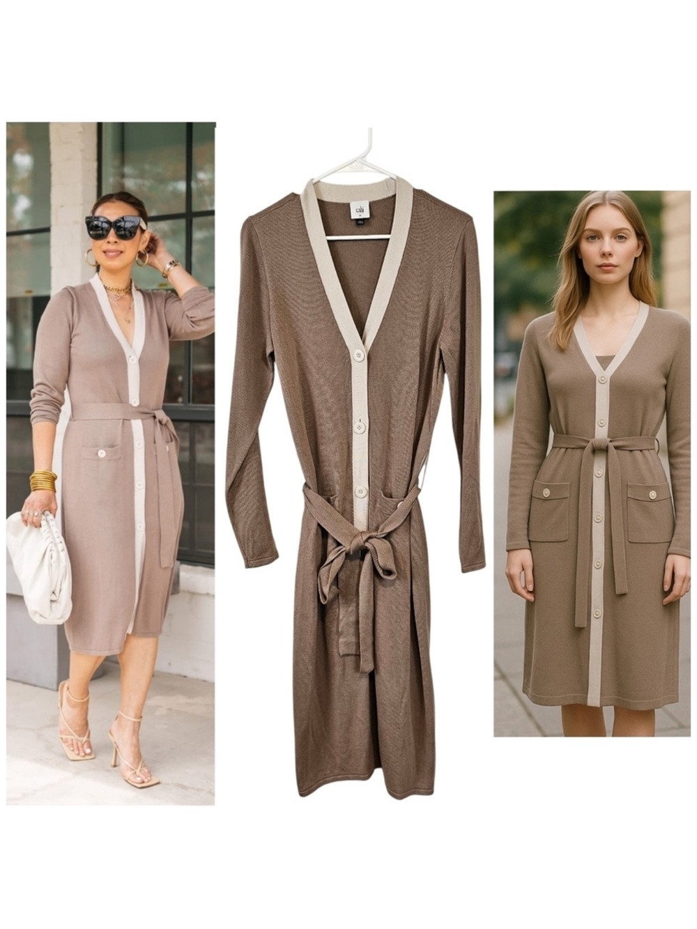 Cabi Genteel Cardigan Sweater Knit Button Down Belted Dress Old Money